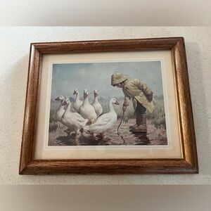 Vintage Geese and child framed art.